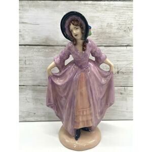 Vintage Art Deco Porcelain Curtsying Lady Figurine in Pink Purple Dress Bonnet